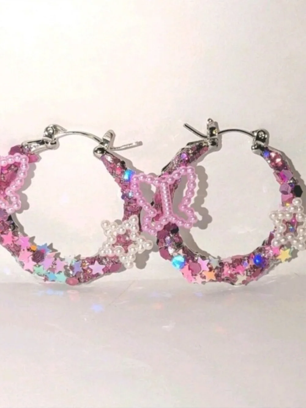 Handmade Pink Butterfly & Star Hoop Earrings - Pink Sparkle For Kids And Adults